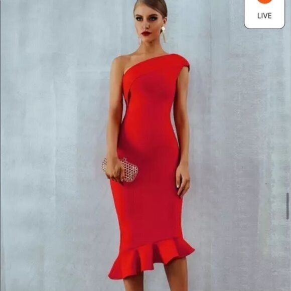 Chloe Bandage Dress One Shoulder Sleeveless Ruffles Party Mermaid white - Picture 4 of 12